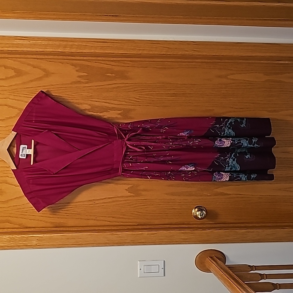 Vintage 1980s wrap around dress in magenta, purple and teal. Size 13/14.